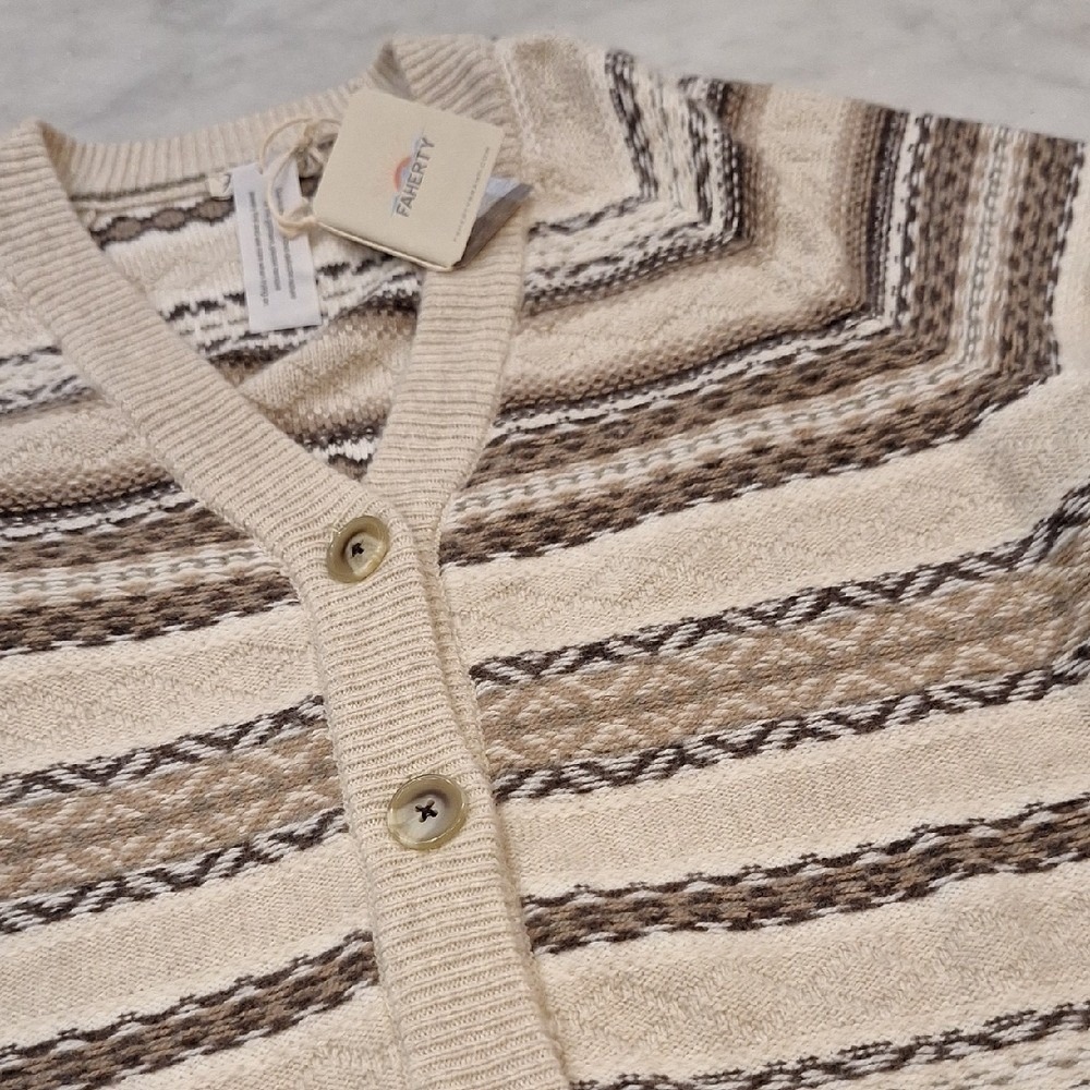 New Faherty Striped Brown Tan Wool Cardigan Sweater Sz XS-S Fair Aisle Orig $188